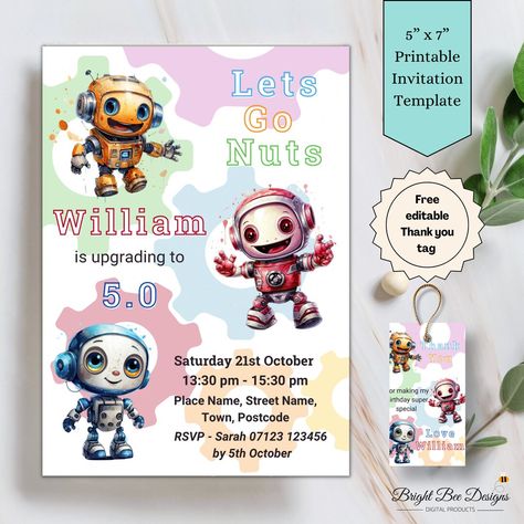 This Invitation Templates item is sold by BrightBeeDesignsUK. Ships from United States. Listed on 20 Oct, 2023 Back Page Design, Robots Party Theme, Boy Party Invitations, Robot Birthday Party, Robot Party, Birthday Party Invitation Templates, Boy Birthday Invitations, Printable Kids, Party Favor Tags