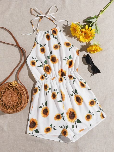 Sunflower Outfit, Cute Dress Outfits, Halter Romper, Summer Dress Outfits, Sunflower Print, Really Cute Outfits, Cute Simple Outfits, Rompers Women, Simple Outfits