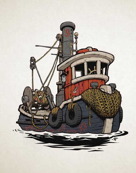 I drew a tugboat/fishing boat. - Album on Imgur Boat In Water, Boat Cartoon, Boat Illustration, Boat Drawing, Boat Art, Tug Boats, Fishing Boat, Environment Concept Art, In Water