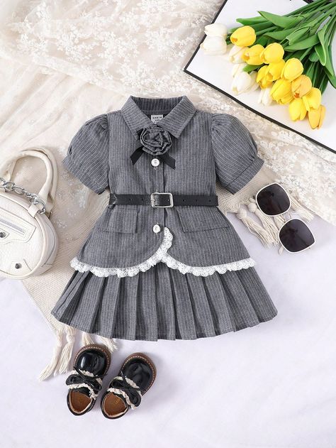 Grey  Collar   Colorblock,Plain  Embellished Non-Stretch  Baby Girls Clothing Baby Superhero Costume, Kids Dress Clothes, Gris Color, Baby Fancy Dress, Pleated Skirt Set, Fabric Flower Pins, Kids Wear Girls