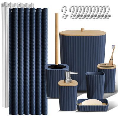 Bathroom Accessories Set: Incorporate bathroom decor with our coordinated bathroom accessory set for bathroom organization. Our bathroom set with natural bamboo accents create a stylish haven. Finish: Navy Blue | Latitude Run® Hunnewell Bathroom Storage Container Plastic in Navy Blue | 7.2" W X 7.2" D | Wayfair | Organization.
#BathroomDecor #BathroomInspiration #BathroomDesign #BathroomIdeas Navy And White Bathroom Decor, Dark Blue Bathroom Decor, Maroon Bathroom, Dark Blue Bathroom, Clear Shower Curtain, Navy Blue Home Decor, Navy Bathroom Decor, Black Bathroom Sets, Dark Blue Bathrooms