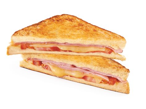 Ham Cheese & Tomato Toastie Cheese And Ham Sandwich, French Boarding School, Sandwich Sticker, Ham And Cheese Toastie, Toasted Cheese, Cheese Toastie, Menu Breakfast, Hungry Jacks, Ham Breakfast