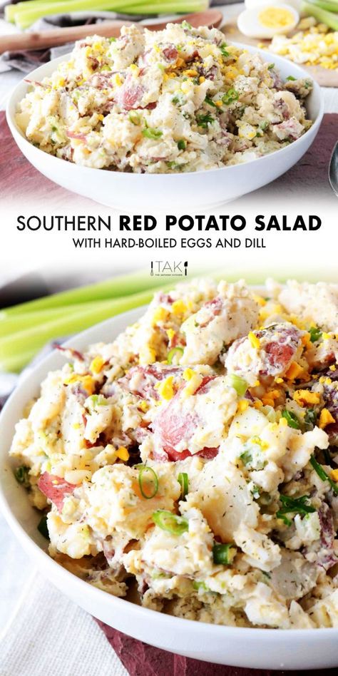 Red Potato Salad is side dish perfect for feeding a crowd! Red Potatoes are mixed with hard-boiled eggs, celery, and green onions, coated in a simple dressing of sour cream, mayonnaise, and dijon mustard, and finished off with a sprinkle of tangy dill. It's best served at BBQ's, potluck parties, and holiday gatherings! Red Skin Potato Salad With Dill, Dijon Mustard Potato Salad, Potato Salad With Dijon Mustard, Potatoe Salad Red Potatoes, Red Skinned Potato Salad, Baby Red Potato Salad, Red Potato Side Dishes, Potato Salad Red Potatoes, Red Potatoe Salad