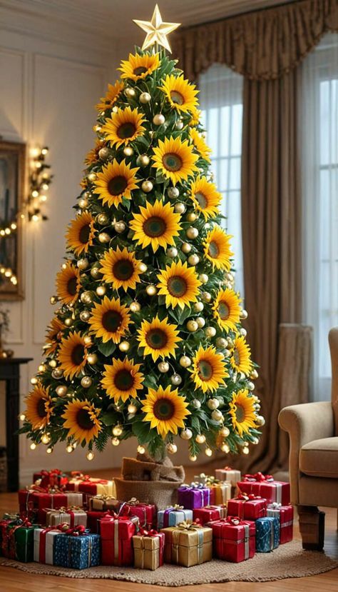 Sunflower Christmas Tree Ideas, Sunflower Christmas Tree, Beautiful Christmas Trees Decorated, Sunflower Tree, Christmas Tree Yellow, Sunflower Christmas, Christmas Tree Inspo, Christmas Tree Decorated, Christmas Tree Decorating Themes