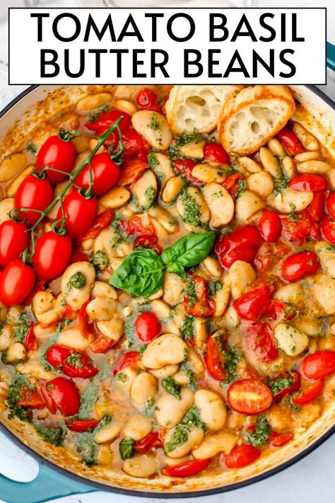 These 10-minute vegan butter beans are cooked in a garlicky tomato pesto sauce and served with crusty bread or pasta. This is the easy butter bean recipe that you have been looking for!  They're dairy-free, soy-free, nut-free, and gluten-free so everyone can enjoy them! thehiddenveggies.com No Wheat Meals, Meatless Meals Gluten Free, Noodle Beans Recipes, Lentils And Beans Recipes, Veggie Forward Recipes, Tomato Basil Butter Beans, Can Butter Beans Recipes, Vegetarian Butter Beans Recipe, Vegan Butter Bean Soup