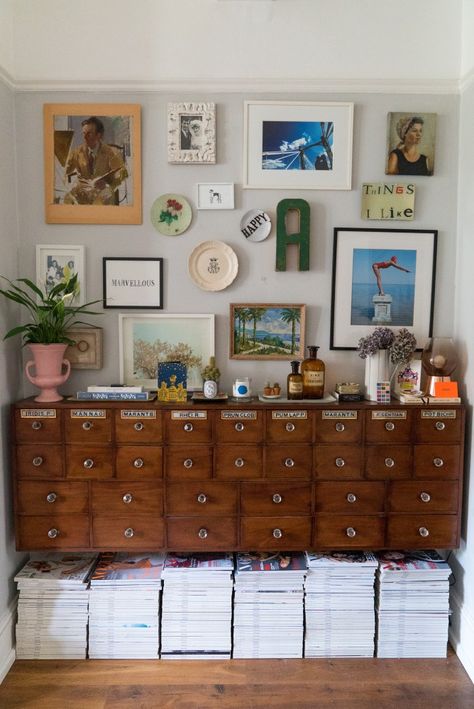 Lise Mehydene’s London Home Is Filled With Vintage Treasures 1900s House, The Frugality, Magazine Storage, Medical Cabinet, Country House Design, Apothecary Cabinet, Little Greene Paint, Set Of Drawers, Small Doors