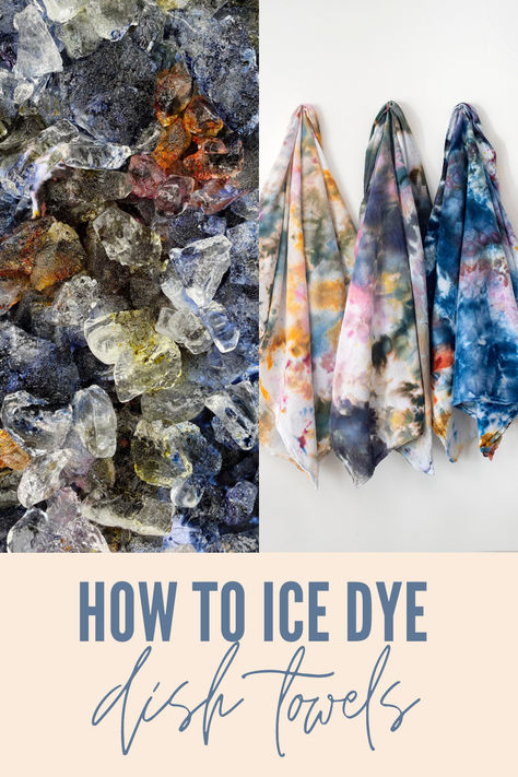 Looking for a fun summer craft? Try dyeing dish towels using the ice dye method! Similar to tie dye but using powder fabric dye and ice. You create a marbled look that is so unique. Learn how to ice dye this summer! Tie Dye Tea Towels, Tie Dye Techniques Shirts, Bleached Clothing, Eco Dyeing Fabric, Shirt Craft, Tea Towels Diy, Fabric Dyeing Techniques, Powder Dye, Fun Summer Crafts