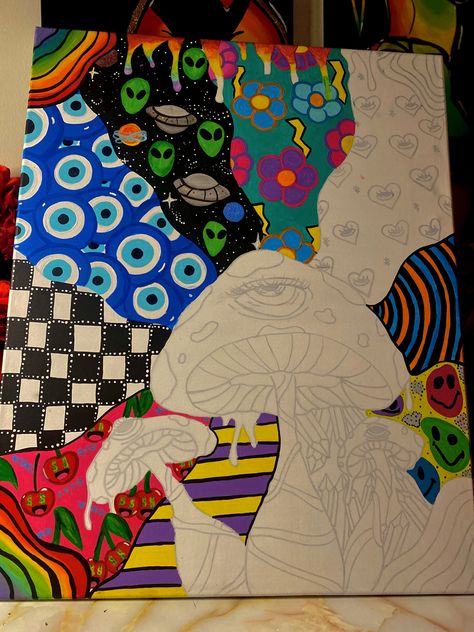 Drawing Ideas Big Canvas, Smokers Painting Ideas, What To Draw With Paint Markers, Simple Psychadelic Art, Painting Inspo Trippy, Things To Draw Trippy, Funky Art Painting Inspiration, Trippy Art Ideas Easy, Cool Art Paintings Trippy