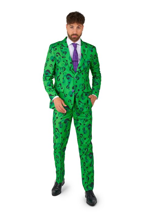 PRICES MAY VARY. THE RIDDLER COSTUME: Suit up like The Riddler in a stylish way with this green & purple, officially licensed The Riddler suit. You'll be sure to grab the spotlight at any occasion CHECK YOUR SIZE: Our suits are outstanding in any situation, so make sure to measure yourself! You don't want to ruin the party with a small suit, do you? Check the measure guide within the images and make sure you receive a size that suits you! The Suit fitting is Slim Fit, so if you are doubting betw The Riddler Costume, Riddler Dc, Riddler Costume, Halloween Suits, Harlem Nights, Question Marks, Green Clothing