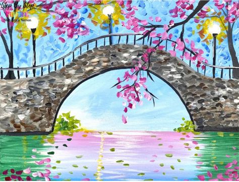 Bridge Painting, Cubism Art, Create Canvas, Acrylic Painting Lessons, Summer Painting, Canvas Painting Designs, Art Painting Gallery, Spring Painting, Canvas Painting Diy