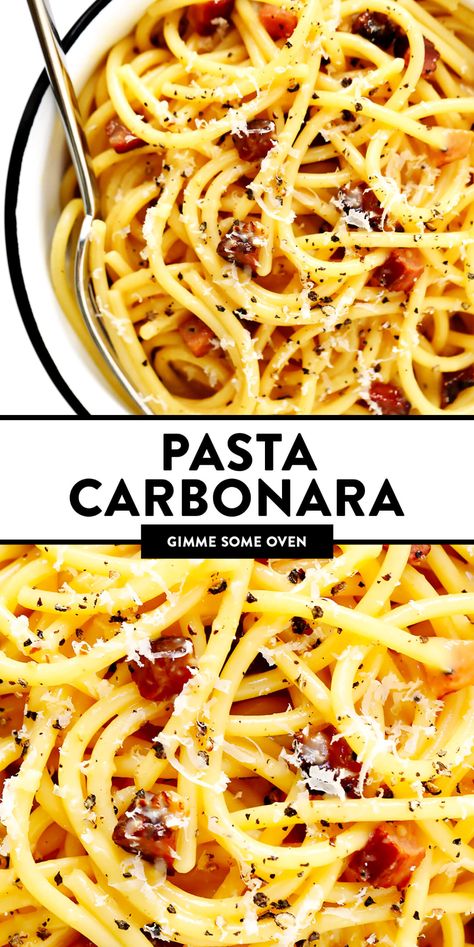 The BEST pasta carbonara! Easy to make with 4 basic ingredients -- spaghetti, guanciale (or bacon), eggs and cheese -- and outrageously delicious. The perfect quick dinner recipe for Italian night! | gimmesomeoven.com #spaghetti #pasta #carbonara #bacon #italian #dinner #easy #noodles Pasta Carbonara Easy, Easy Noodles, Carbonara Ingredients, Easy Carbonara Recipe, Bacon Carbonara, Authentic Italian Pasta, Spaghetti Carbonara Recipe, Pasta Carbonara Recipe, Pasta Alla Carbonara