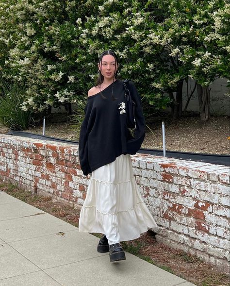 spring outfit idea, maxi skirt outfit, brandy Melville skirt Streetwear Long Skirt, Long Frill Skirt Outfit, White Long Skirts Outfit, Long Skirt Outfits Baggy, Casual Outfits Long Skirt, Tired Skirt Outfit, Long Skirt And Sweatshirt Outfit, Long Skirt Long Sleeve Outfit, Long Black Tiered Skirt Outfit