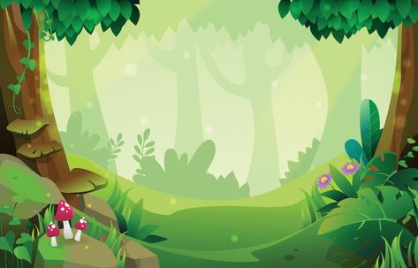 Summer Deep Forest Landscape in Cartoon Style Children's Book Layout, Forest Cartoon, Forest Clipart, Plant Cartoon, Book Illustration Design, Cartoon Trees, Graphic Design Brochure, Kids Background, Forest Background