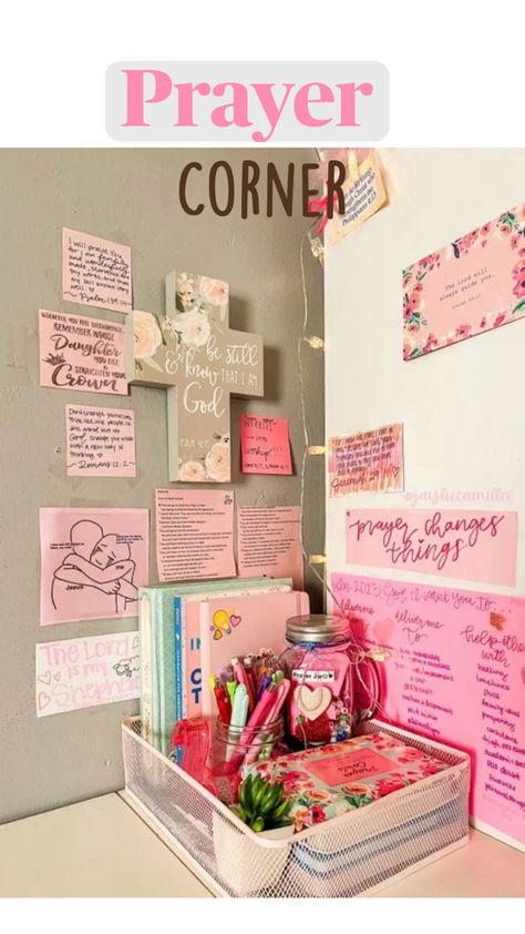 A great idea for a prayer corner!! Time to spend your time with God and create a better relationship. Grow communication with the lord . Diy Prayer Board, Prayer Room Ideas, Prayer Vision Board, Time With God, Prayer Closet, Better Relationship, Prayer Corner, Bible Journal Notes, Bible Study Plans