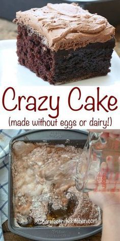 No Dairy Dessert, Crazy Cake Recipes, Egg Free Cakes, Wacky Cake, Crazy Cake, Dairy Free Cake, Easy Chocolate Cake, Egg Free Recipes, Mug Cakes