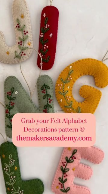 Julie Stuart ⋒ on Instagram: "We’ve combined stitching and felt decorations in our December member’s pattern Felt Alphabet Decorations by the incredibly talented Jess of @otterbeestitching!   We are in love with Jess’s cute and cozy embroidered felt creations and are excited for our members to try something a little different by combining felt and embroidery to create something super magical for Christmas. These alphabet letters can be stitched up to represent different members of your family and be brought out year after year to celebrate Christmas. They would also make amazing Christmas gifts for friends and family! 🎊  This pattern is only available in our Maker’s Academy: themakersacademy.com 😊  #embroidery #modernembroidery #DIY #christmasdecorations #christmas" Winter Felt Ornaments, Diy Letter Christmas Ornaments, Felt Heart Embroidery, Quilted Alphabet Letters Free Pattern, Felt Ornaments Initials, Free Felt Svg Files For Cricut, Felt Garland Christmas Diy, Felt Embroidery Letters, Hand Embroidered Felt Ornaments