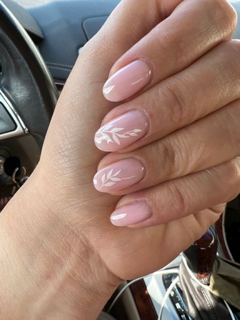 White French Tip Nails With Leaves, Almond Nails With Leaves, Pink And White Bridal Nails, White Leaf Nail Art, Wedding Nails With Leaf Design, French Tip Leaf Nail Art, Wedding Boho Nails For Bride, Flower And Leaf Nails, Wedding Nails Leaf Design