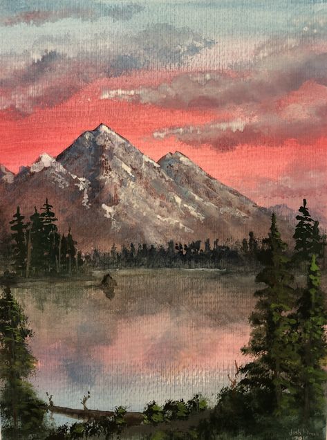 Long Mountain Painting, Watercolor Mountains Landscape, Mountain Lake Landscape Painting, Beginner Painting Mountains, Mountain With Sunset Painting, Mountains And Lake Painting, Mountains And River Painting, Mountain Lake Sunset Painting, Mountain And Tree Painting