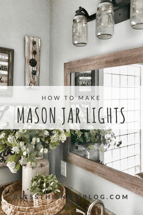 Projects Archives | Bless This Nest Mason Jar Bathroom Decor, Diy Mason Jar Lights, Mason Jar Light Fixture, Mason Jar Light, Reception Table Decorations, Shiplap Wall, Bathroom Farmhouse Style, Mason Jar Lids, Mason Jar Lighting