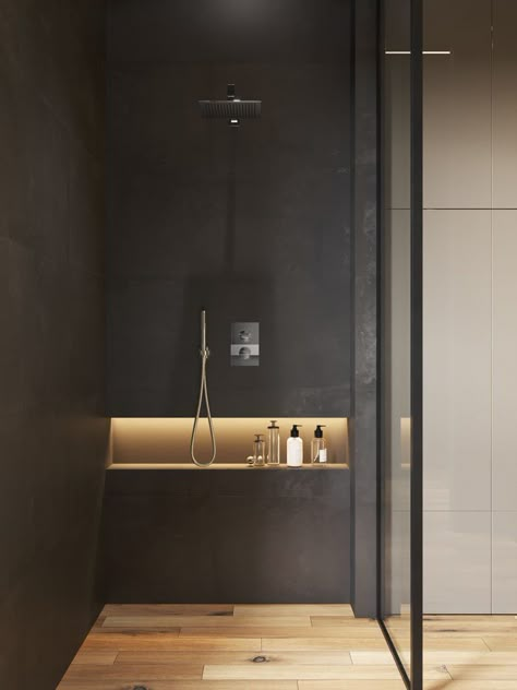 This modern bathroom has a horizontal shower niche with hidden lighting for storage. #ModernBathroom #ShowerNiche #ShowerNicheIdeas #BathroomStorage Drømme Bad, Teak Bathroom Vanity, Modern Loft Apartment, Bathroom Niche, Toilette Design, Teak Bathroom, Hidden Lighting, Pedestal Sinks, Bathroom Lights