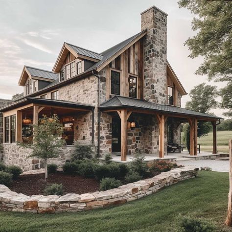 10+ Stunning Farmhouse Exterior Design Ideas You'll Love • 333+ Art Images House Design Country Farmhouse, Rock Farmhouse Exterior, Big Houses Country, Farmhouse Inspiration Exterior, Farmhouse Rambler Exterior, Farmhouse With Character, Farm Rustic House, Wooden Home Exterior, House Building Ideas Exterior