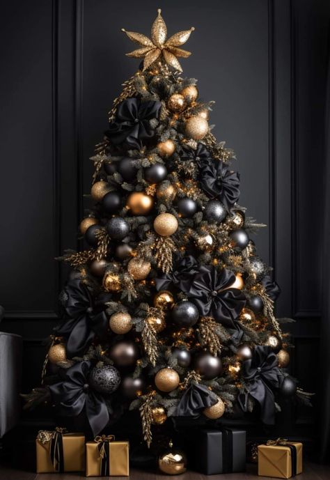 Black And Gold Christmas Tree Decor, Christmas Tree Black Decorations, Black Tree Decorating Ideas, Modern Black Christmas Tree, Black Tree Christmas, All Black Christmas Tree, Black Christmas Tree Decorations Ideas, Christmas Tree Black And Gold, Black Christmas Tree Decor