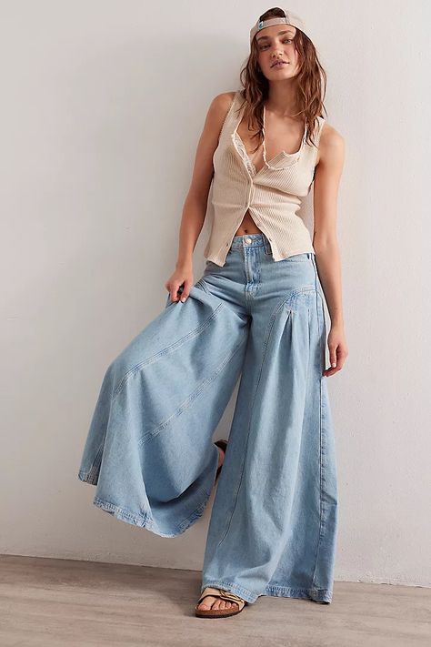 We The Free Pandora Wide-Leg Jeans | Free People Free People Wide Leg Jeans, Denim Culottes Outfits, Wide Leg Jeans Outfit Summer, Busy Mom Outfits, Style Wide Leg Jeans, Wide Leg Jeans Outfit, Free People Jumpsuit, Denim Culottes, Wide Legged Jeans