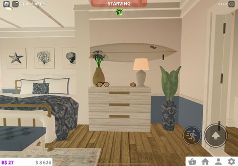 Bloxburg Small Beach House Layout, Costal Bedroom Bloxburg Ideas, Bloxburg Blue Rug Decal Codes, Coastal Bed Bloxburg, Costal Bloxburg Living Room Ideas, Beachy Bedroom Bloxburg, Bloxburg Beach House Bedroom Ideas, Beachy Living Room Bloxburg, Coastal Bedroom Ideas Bloxburg