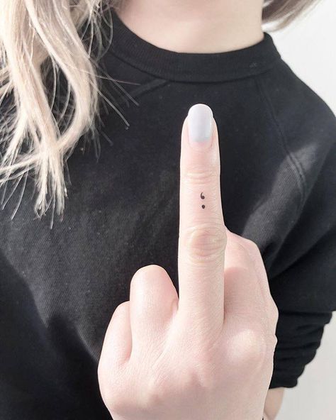 Semicolon tattoo on the middle finger. Promise Tattoo Ideas, Small Finger Tattoo, Be Still Tattoo, Colon Tattoo, Letter Tattoos, Small Finger Tattoos, Finger Tattoo For Women, Finger Tats, Semicolon Tattoo