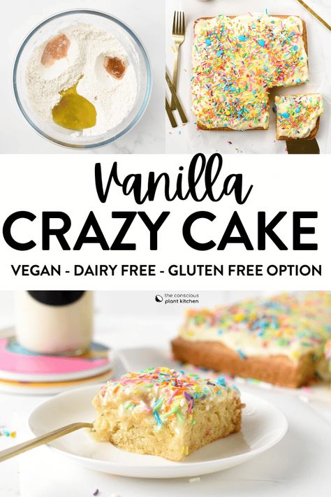 This Vanilla Wacky Cake is the most easy 1-bowl vanilla cake recipe ever! Plus, it's naturally egg-free, dairy-free and so a naturally vegan vanilla cake that take barely 10 minute to prepare. Vanilla Cake Recipe Dairy Free, Egg And Milk Free Cake, Egg And Dairy Free Cake, Vegan Gf Cake, Egg Free Vanilla Cake, Vanilla Wacky Cake Recipe, Vanilla Wacky Cake, Gluten Dairy Free Cake, Vanilla Crazy Cake Recipe