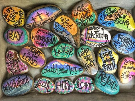 Painted rocks for Parish Picnic Bible verses painted on rocks Bible Verse Rock Painting Ideas, Prayer Rocks For Kids, Painting Rocks Ideas Christian, Bible Rock Painting Ideas, Prayer Rocks Ideas, Bible Verse Rocks, Scripture Painted Rocks, Bible Verse Rock Painting, Christian Painted Rocks