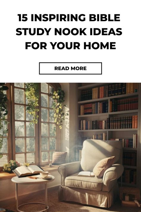 Cozy reading nook with a comfortable armchair, side table, and bookshelves by a window. Bible Reading Nook, Bible Study Area Ideas, Bible Study Space Ideas, Bible Study Nook, Bible Study Room Ideas, Study Nook Ideas, Small Study Room, Prayer Closet, Building Remodeling