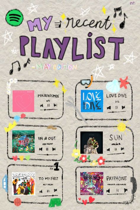 some songs from my recent playlist Music Playlist Graphic Design, Spotify Inspired Design, Playlist Poster Design, Playlist Design Ideas, Playlist Template Aesthetic, My Playlist Journal, Playlist Graphic Design, Playlist Collage, Playlist Layout