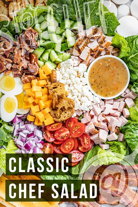 This image contains: A classic chef salad with various vegetables, cheese, meats, and a delicious dressing Chef Salad Recipes For Dinner, Healthy Chef Salad, Chopped Chef Salad, Chefs Salad Recipes, Chef Salad Recipes Classic, Salad Recipes With Meat, Salads With Meat, Chef Salads, Salad With Meat