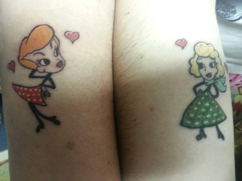 Lucy & Ethel.    Mother/daughter ink Lucy And Ethel Tattoos, I Need A New Tattoo, List Tattoo, Bff Tattoo Ideas, Lucy And Ethel, Coraline Tattoo, Cover Up Ideas, Tattoo Me, Living Art