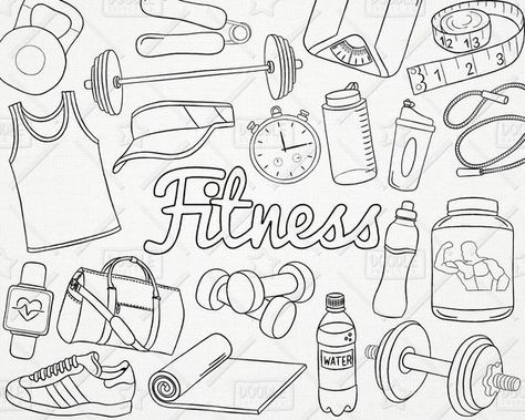 Bullet Journal Sport, Fitness Doodles, Exercise Clipart, Workout Clipart, Gym Clipart, Fitness Vector, Fitness Stickers, Story Sticker, Doodle Background