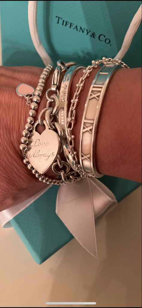 Tiffany And Co Stacked Bracelets, Sterling Silver Bracelet Stack, Aesthetic Bracelet Stack, Tiffany And Co Bracelet Stack, Silver Bracelet Stack Aesthetic, Tiffany’s Bracelet Stack, Tiffany Stack, Tiffany Chunky Bracelet, Silver Bracelets Aesthetic