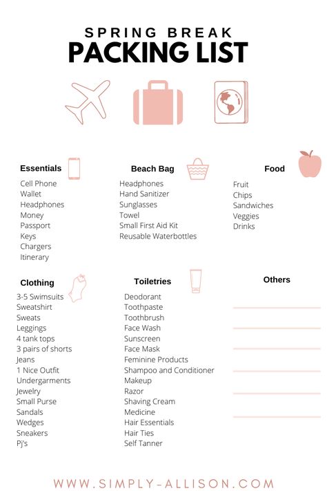 This is the ultimate spring break packing list that is for everyone including college students, family, and kids. Whether you're going to California, Arizona, or Mexico this packing list is for you.Ultimate list that includes outfit, destination ideas, and packing list. #springbreak #springbreakpackinglist #beachspringbreakpackinglist School Trip Packing, Bullet Journal Packing List, Camping Trip Packing List, Journal Packing List, Business Trip Packing List, Spring Break Packing List, Japan Packing List, Trip Essentials Packing Lists, Spring Break Packing