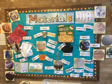 Materials display year 1 Teaching Materials Science, Science Matter, Science Display, Matter Science, Primary Teaching, Glass Brick, Materials Science, Year 5, Cardboard Paper