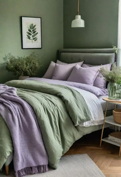 29 Sage Green Bedroom Ideas to Transform Your Space into an Oasis 9 Purple Feature Wall Bedroom, Sage And Purple Bedroom, Purple And Green Bedroom, Green And Purple Bedroom, Sage Green Bedroom Ideas, Lilac Bedroom, Sage Bedroom, Lavender Room, Green Bedroom Ideas