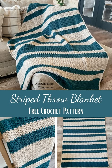 If you know how to single crochet, chain and double crochet, then you can easily make this free large crochet blanket pattern! It's such a fun and easy crocheted stripe blanket pattern! Striped Blanket Pattern, Crochet Striped Blanket, Crochet Striped Blanket Pattern, Striped Crochet Blanket, Crochet Throw Pattern, Blanket Tutorial, Striped Blanket, Striped Throw Blanket, Throw Blanket Pattern