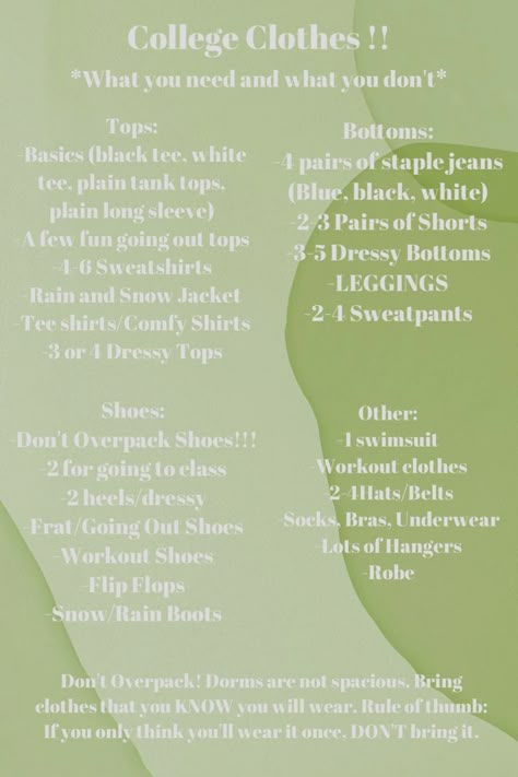 University Clothes List, Packing Clothes For College, Dorm Clothes Packing List, Clothes Necessities List, College Freshman Outfits, Clothes To Bring To College, College Clothes Packing List, Clothes To Pack For College, College Clothing Essentials