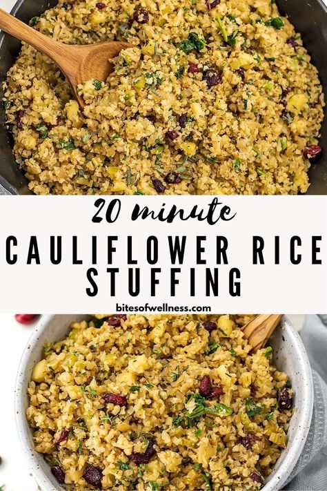 Riced Cauliflower Stuffing, Cauliflower Stuffing Thanksgiving, Cauliflower Rice Stuffing, Whole Cauliflower Recipes, Rice Stuffing Recipes, Cauliflower Stuffing, Gf Thanksgiving, Healthy Holiday Side Dishes, Low Carb Stuffing