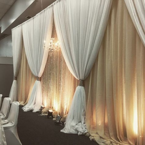 Hall Curtains, Wedding Reception Rooms, Prom Backdrops, Wedding Hall Decorations, Back Drops, Curtain Backdrops, Mom Party, Wedding Backdrop Design, Draping Fabric