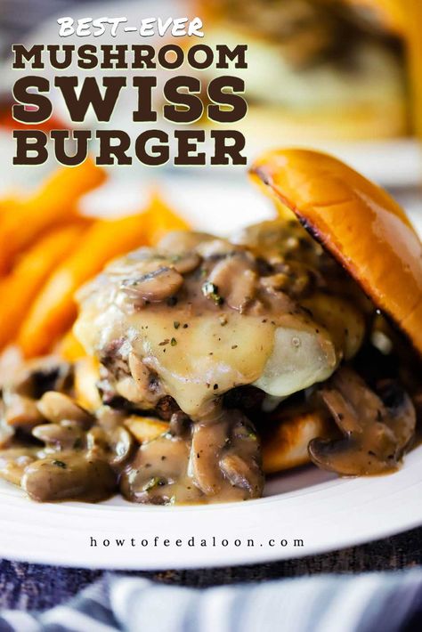 Talk about a show-stopper of a burger! This incredible Mushroom Swiss Burger is insanely delicious. A perfectly seasoned juicy burger topped with melty Swiss cheese and luxurious mushroom sauce!  To die for!  Get the complete recipe with ALL-NEW VIDEO on the blog! Mushroom Sauce For Burgers, Mushroom Swiss Burger Recipe, Swiss Burger, Mushroom Burger Recipe, Nachos Recipe Beef, Mushroom Swiss Burger, Best Burger Recipe, Juicy Burger, Mushroom Burger