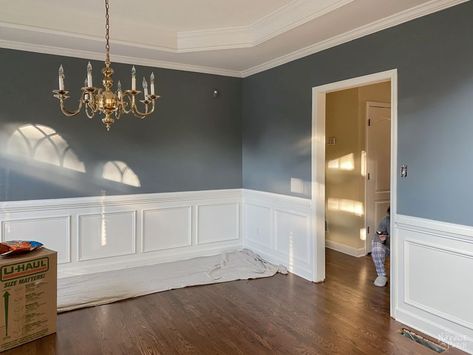 Dining Room Colors With Wainscoting, Dining Room Paint With Wainscotting, Navy Wainscoting Dining Room, Dining Room Decor Navy Walls, Blue Dinning Room Walls, Blue Dining Room Walls Sherwin Williams, Diy Wall Molding Dining Room, Dining Room Decor With Wainscoting, Dark Dining Room With Wainscotting