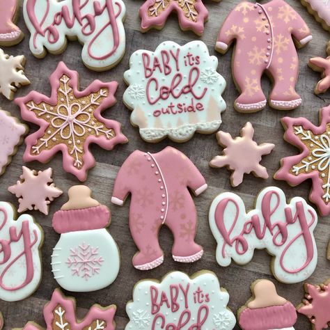 Gender Reveal Party Winter Theme, Gender Reveal Cookies Christmas, Pink Winter Wonderland Baby Shower Cookies, Winter Gender Reveal Cookies, A Little Snowflake Is On The Way Baby Shower Decorations, Baby Its Cold Outside Baby Girl Shower Ideas, Christmas Gender Reveal Cookies, Cookies And Cocoa Baby Shower Ideas, January Baby Girl Shower Ideas