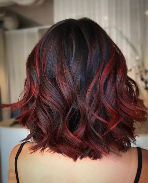 Partial Hair Color Ideas, Red And Black Hair Medium Length, Cherry Red Hair Short, Hair Color With Highlights, Black Hair With Red Highlights, Cherry Brown Hair, Red Highlights In Brown Hair, Color With Highlights, Black Cherry Hair Color