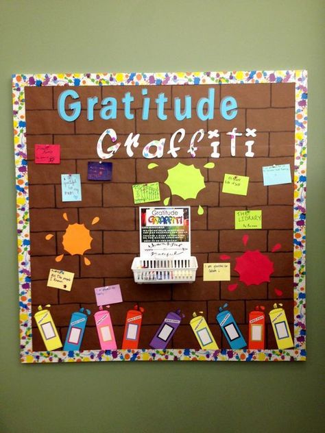 This gratitude graffiti board can be used in November or anytime you want to see students to more more thankful. Great for elementary students, but even middle or high school students. #BulletinBoard #NovemberBulletinBoard #Gratitude Staff Bulletin Boards, November Bulletin Boards, Work Bulletin Boards, Gratitude Board, Teaching Character, Gratitude Activities, Staff Morale, Library Bulletin Boards, Preschool Bulletin Boards