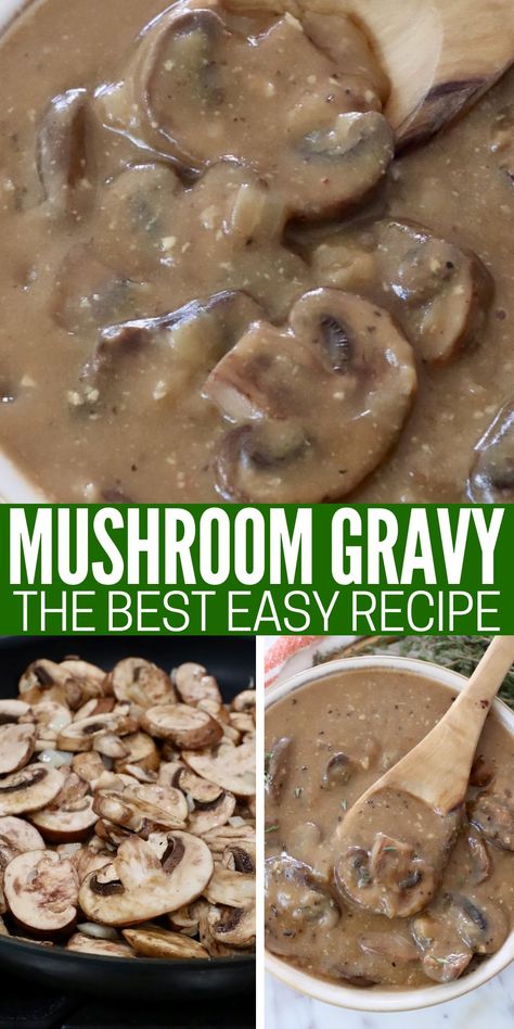 mushrooms in a skillet and mushroom gravy in a bowl with a spoon Homemade Mushroom Gravy, Mushroom Gravy Recipe Easy, Easy Mushroom Gravy, Steak Mashed Potatoes, Mushroom Meals, Easy Gravy Recipe, Turkey Rice, Mushroom Gravy Recipe, Steak And Mushrooms